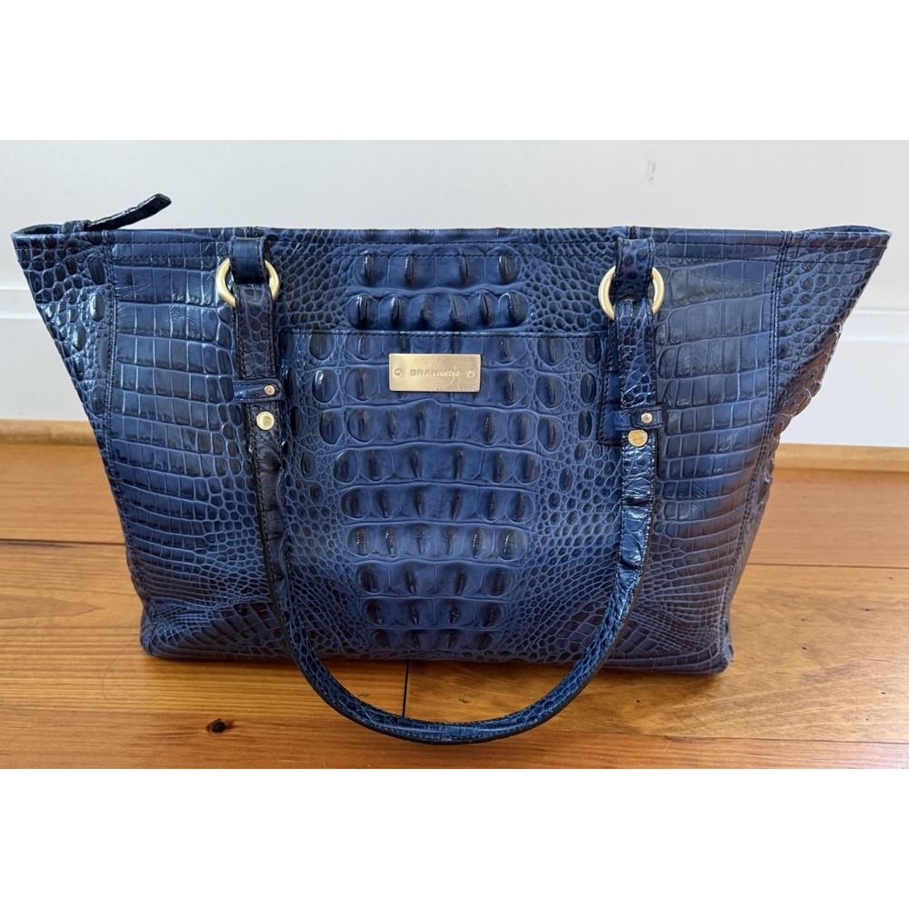 Brahmin Tote Bag Purse Blue Croc Embossed Leather Shoulder Medium Asher Carryall